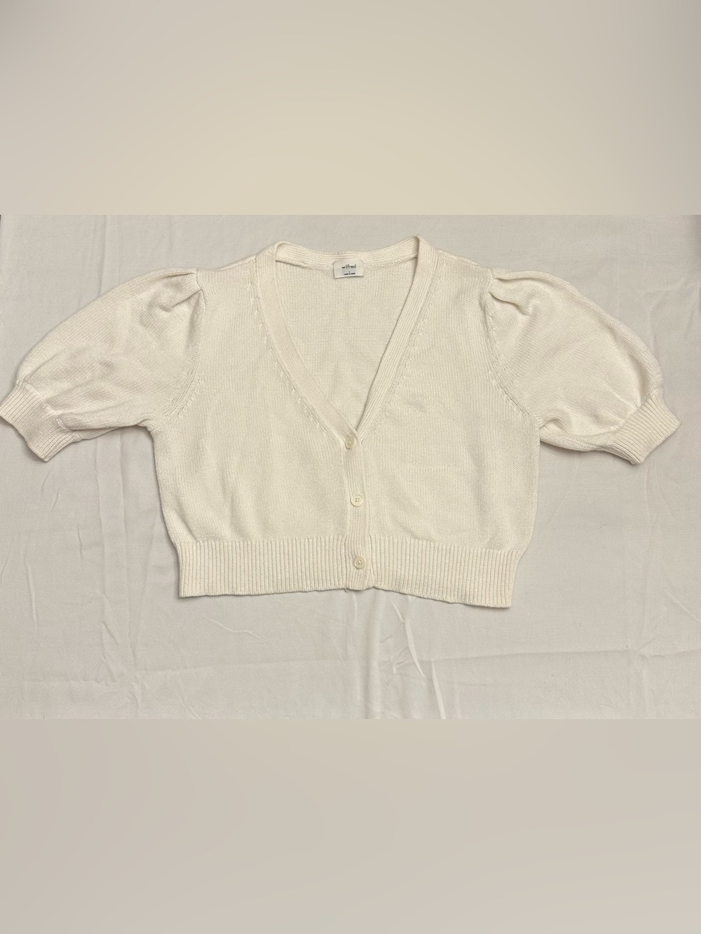 Aritzia Wilfred Cream Puff-Sleeve V-Neck Canterbury Cardigan Merino Wool Large